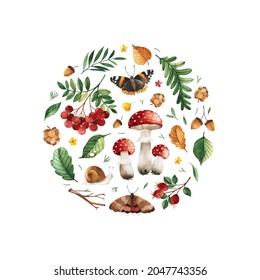 Watercolor composition with leaves,berries,fern,acorns,pinecones,branches,butterfly,snail. Perfect for wedding, 
greeting cards,room decor,template cards,holidays,invitation,prints.