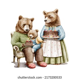 Watercolor composition with little bear son sits on father lap and blows out candle on cake and mom bear in dress holding birthday cake isolated on white background. Hand drawn illustration sketch - Powered by Shutterstock