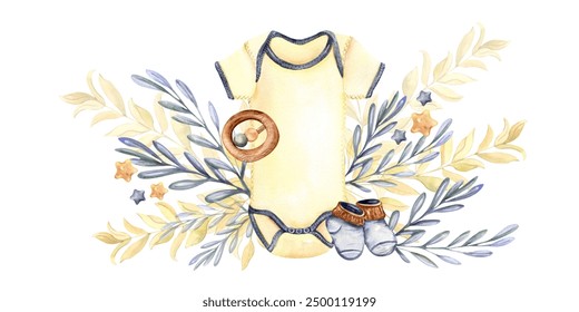 Watercolor composition of a newborn baby set, including a bodysuit, socks, pacifier, teething ring, stars, and flowers. Ideal for baby shower cards, birth announcements, invitations, nursery decor. - Powered by Shutterstock