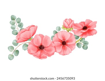 A watercolor composition pink anemone flowers, fresh greenery, and eucalyptus leaves. for wedding stationery, event invitations, botanical-themed designs, digital backgrounds, art prints and interior - Powered by Shutterstock