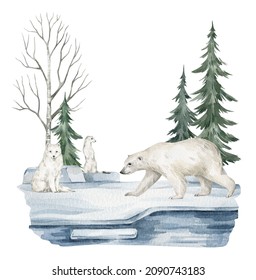 Watercolor Composition With Polar Animals And Nature. Polar Bear, Arctic Fox, Ermine, Pine Trees, Snow. Woodland Creatures In The Wild. Illustration For Nursery, Wallpaper