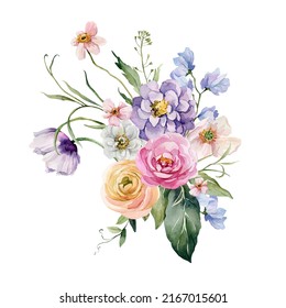 Watercolor composition of summer flowers in a romantic style. Hand painted botanical illustration with flowers in pastel colors. Floral arrangement vintage - Powered by Shutterstock