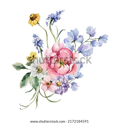 Watercolor composition of summer flowers in a romantic style. Hand painted botanical illustration with flowers in pastel colors. Floral arrangement vintage