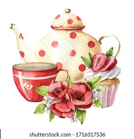Watercolor composition with teapot, cup, cake and flowers. Cosy kitchen decor. Hand painted illustration. English breakfast, vintage style