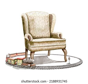 Watercolor Composition With Vintage Armchair And Children's Miniature Railway Toy With Train Isolated On White Background. Hand Drawn Illustration Sketch