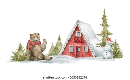 Watercolor composition with winter landscape and bear in scarf. Little house, trees, snow, animal, snowman, pine. Village cottage, nature, animal.