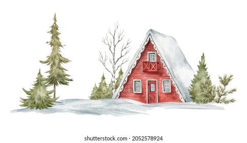 Watercolor composition with winter landscape. Little house, trees, snow, pine. Village cottage, nature. 