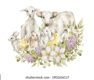 Watercolor compositions with Easter animals, birds and foliage. Cow, sheep, rabbit, chicken, duckling. Spring flowers, narcissus, lilac, greenery, calf, lamb, bunny. Meadow wild plants and farm pets.