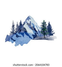 Watercolor Compositions With Winter Mountains And Christmas Tree