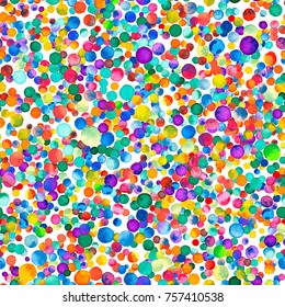 Watercolor confetti seamless pattern. Hand painted unique circles. Purple scattered dots. 118.