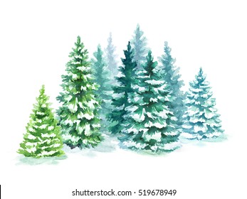watercolor coniferous forest illustration, Christmas fir trees, winter nature, holiday background, conifer, snow, outdoor, snowy rural landscape