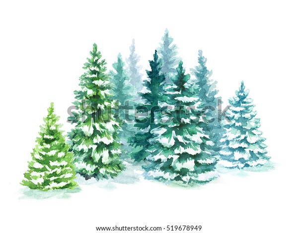 水彩の針葉樹のイラスト クリスマスモミの木 冬の自然 ホリデー背景 針葉樹 雪 屋外 雪の多い田園風景 のイラスト素材
