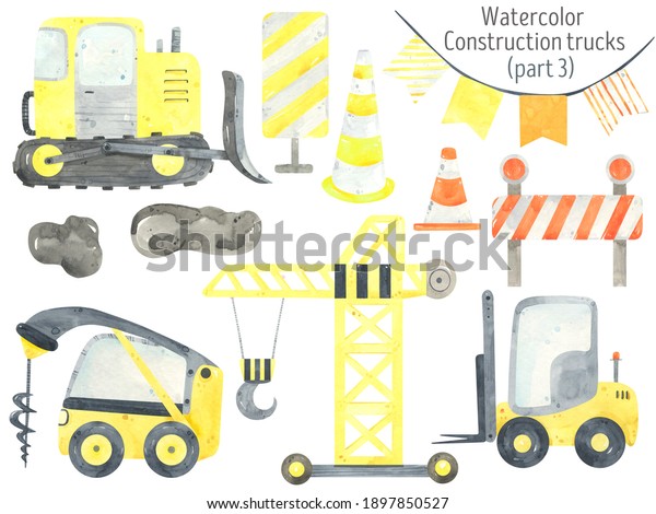 Watercolor Construction Trucks and tractors set.\
Funny construction equipment, machinery, vehicles,road and road\
signs. Construction Trucks illustrations. Road cone, crane,\
bulldozer, drill,\
lift.