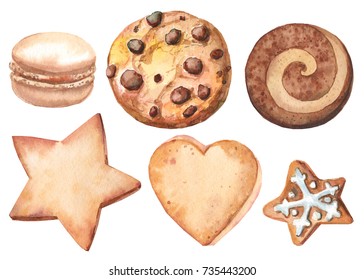 Watercolor Cookie Set. Star, Heart, Macaroon