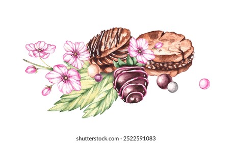 Watercolor cookies group with strawberries and flowers isolated on white background. Hand drawn cookies. Dessert for design postcards, logo, business cards, backgrounds - Powered by Shutterstock