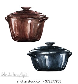 Watercolor Cooking Clipart - Pots And Pans