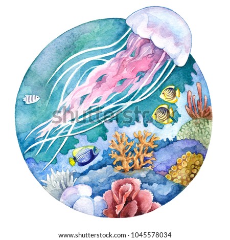 Watercolor coral reef, fish, jellyfish. Underwater illustration in circle on white background
