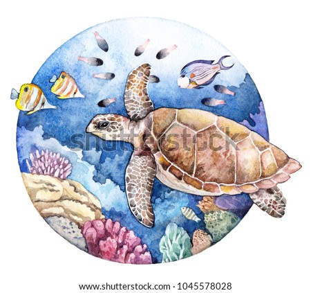 Watercolor coral reef, fish, turtle. Underwater illustration in circle on white background