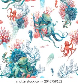 Watercolor Coral Reef Seamless Pattern. Hand Drawn Realistic Background Design: Octopus, Corals, Sea Horse On White Background. Natural Repeating Texture Design For Paper, Fabric, Wallpaper