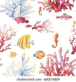 Watercolor coral reef seamless pattern. Hand drawn realistic background design: tropical fishes, corals, sea horse on white background. Natural repeating texture design for paper, fabric, wallpaper