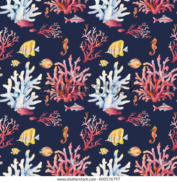 水彩サンゴ礁のシームレスな模様 暗い背景に手描きのリアルな背景デザインと熱帯魚 サンゴ 海馬 紙 布地 壁紙用の自然な繰り返しテクスチャデザイン の イラスト素材 600576797