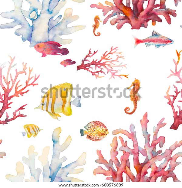 水彩珊瑚礁无缝图案 手绘逼真的背景设计 热带鱼 珊瑚 白色背景海马 纸张 织物 壁纸的自然重复纹理设计库存插图