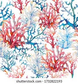 Watercolor Coral Seamless Pattern. Hand Drawn Wallpaper Design With Various Underwater Branches On White Background.