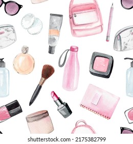Watercolor Cosmetics Seamless Pattern On White Background. Pink Girl Accessories Print