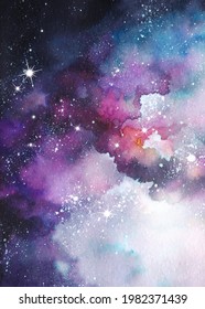 Watercolor cosmic illustration. Beautiful colorful space backdrop. Star field in galaxy space with nebula