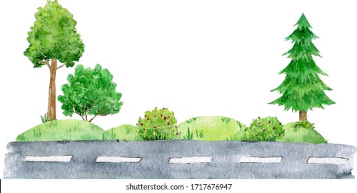 Watercolor Countryside Road And Forest