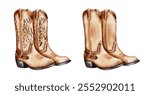 Watercolor cowboy boots. Painting isolated on white background.. Vintage style