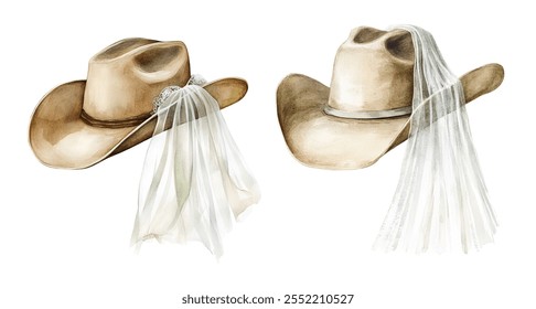 Watercolor cowboy hat with wedding veil. Illustration clipart isolated on white background. - Powered by Shutterstock