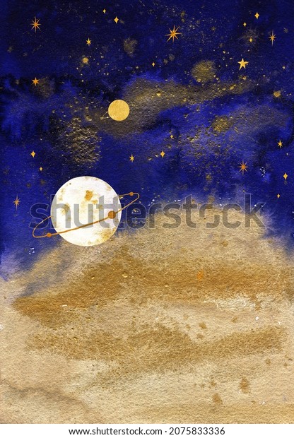 Watercolor cozy atmospheric texture.  The night
sky, moon, stars, space decorated abstract illustration. Perfect
for wrapping paper, textile, card logo, wedding invitation,
postcard
wallpaper