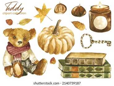 Watercolor Cozy Autumnal Collection Of Clipart Elements - Pumpkin, Leaves, Books Pile, Candle, Teddy Bear. Hand Painted Plush Toy Illustration. Fall Season Vintage Objects Isolated On White Background