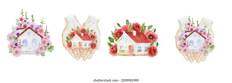 Watercolor Cozy Home Illustrtration With Red Flowers For Postcards