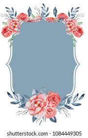 Watercolor Crest Romantic Frame With Flowers Card Template On The Grey Background