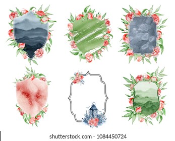 Watercolor Crest Romantic Frame With Flowers Card Template