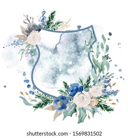 Watercolor Crest Winter Floral Frame Hand Drawn Template