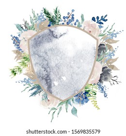 Watercolor Crest Winter Floral Frame Hand Drawn Template