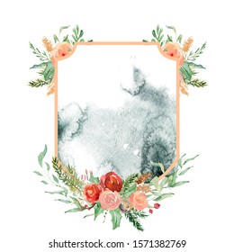 Watercolor Crest Winter Floral Frame Hand Drawn Template