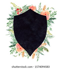 Watercolor Crest Winter Floral Frame Hand Drawn Template