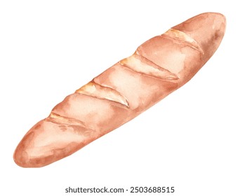 Watercolor crispy baguette isolated on white background. Illustration of fresh bread for cafe and bakery decoration - Powered by Shutterstock