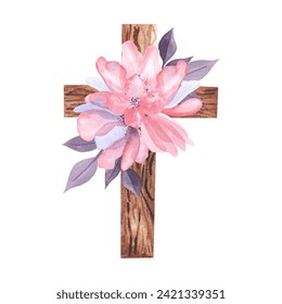 Watercolor cross with abstract pink flowers. Easter catholic religious symbol. Orthodox cross for church and holidays. Latin symbol of the saint and spring floral arrangement - Powered by Shutterstock