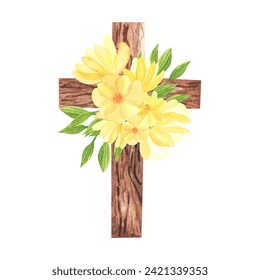 Watercolor cross with abstract yellow flowers. Easter catholic religious symbol. Orthodox cross for church and holidays. Latin symbol of the saint and spring floral arrangement - Powered by Shutterstock