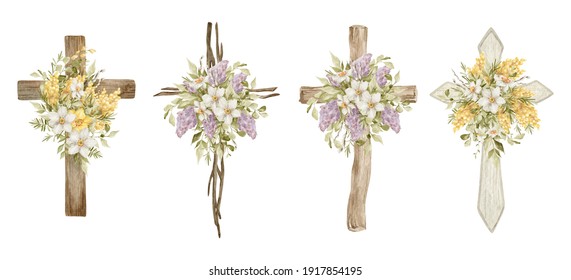 Watercolor crosses with flower bouquets. Easter catholic religious symbol. Orthodox cross for church and holidays. Latin symbol of the saint and spring floral arrangement