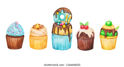 Watercolor cupcake, fairy cake isolated on a white background. Sweet delicious hand drawn bakery illustration