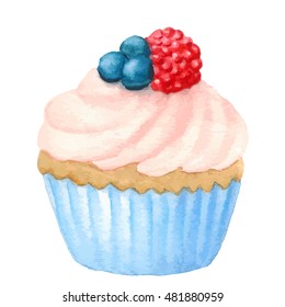 Watercolor Cupcake, Isolated In White, Clipart. Hand Painted. 