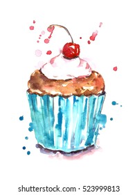 Watercolor Cupcake With Juicy Cherry.