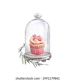 Watercolor cupcake label. Hand drawn pink cream dessert with decorative elements isolated on white background. Food illustration