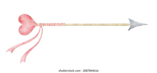 Watercolor Cupid Arrow With Red Heart. Hand Drawn Illustration For Valentine's Day Or Wedding Design On White Isolated Background